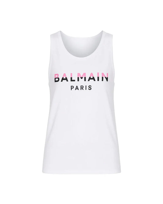 Maglietta Balmain Donna | Logo Rosa | Modello Canottiera | Bianco Balmain