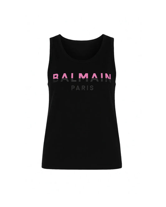 Maglietta Balmain Donna | Logo Rosa | Modello Canottiera | Nero Balmain