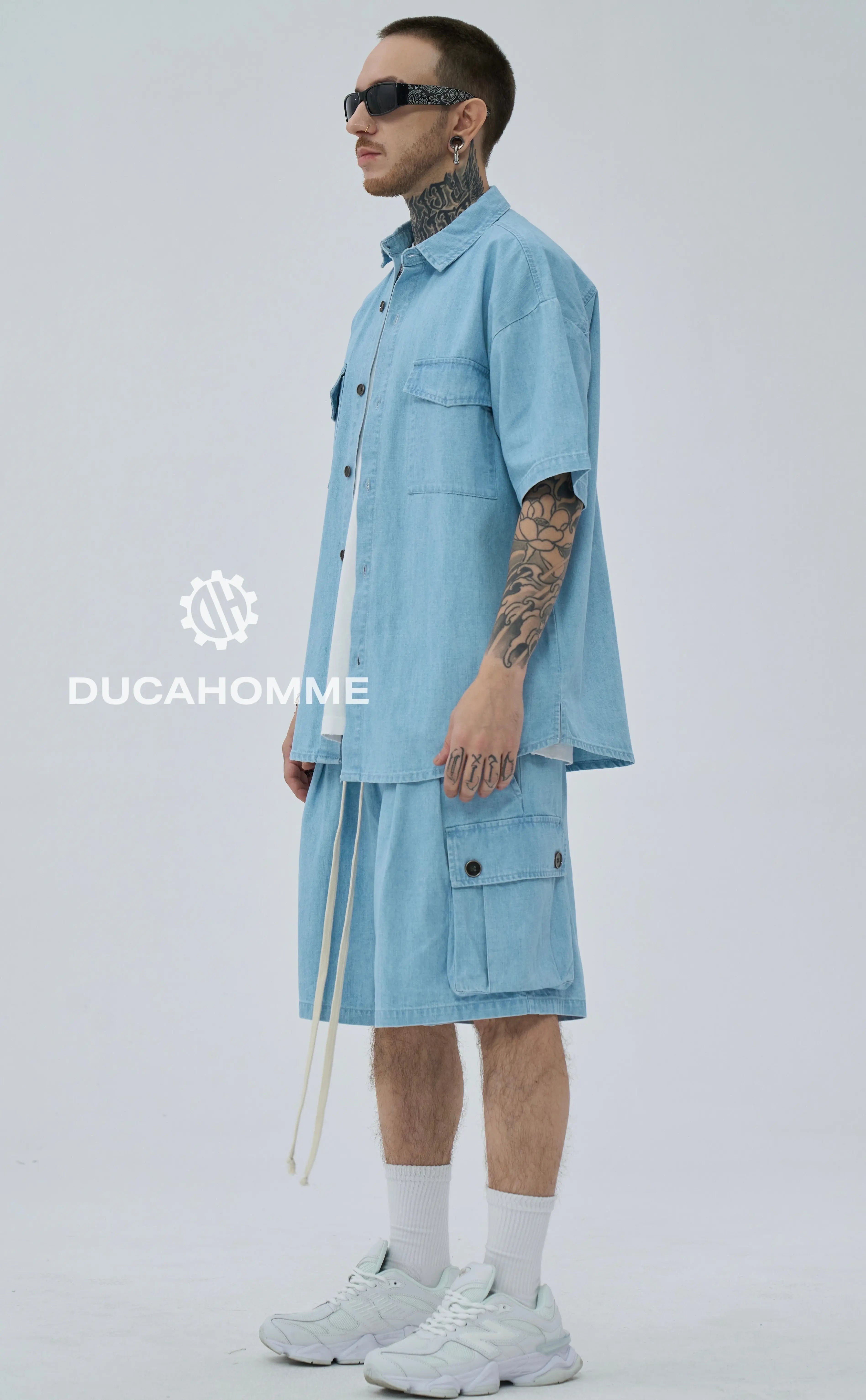 Completo Jeans Duca Homme Uomo | Coordinato Camicia e Pantaloncini | Blu Chiaro