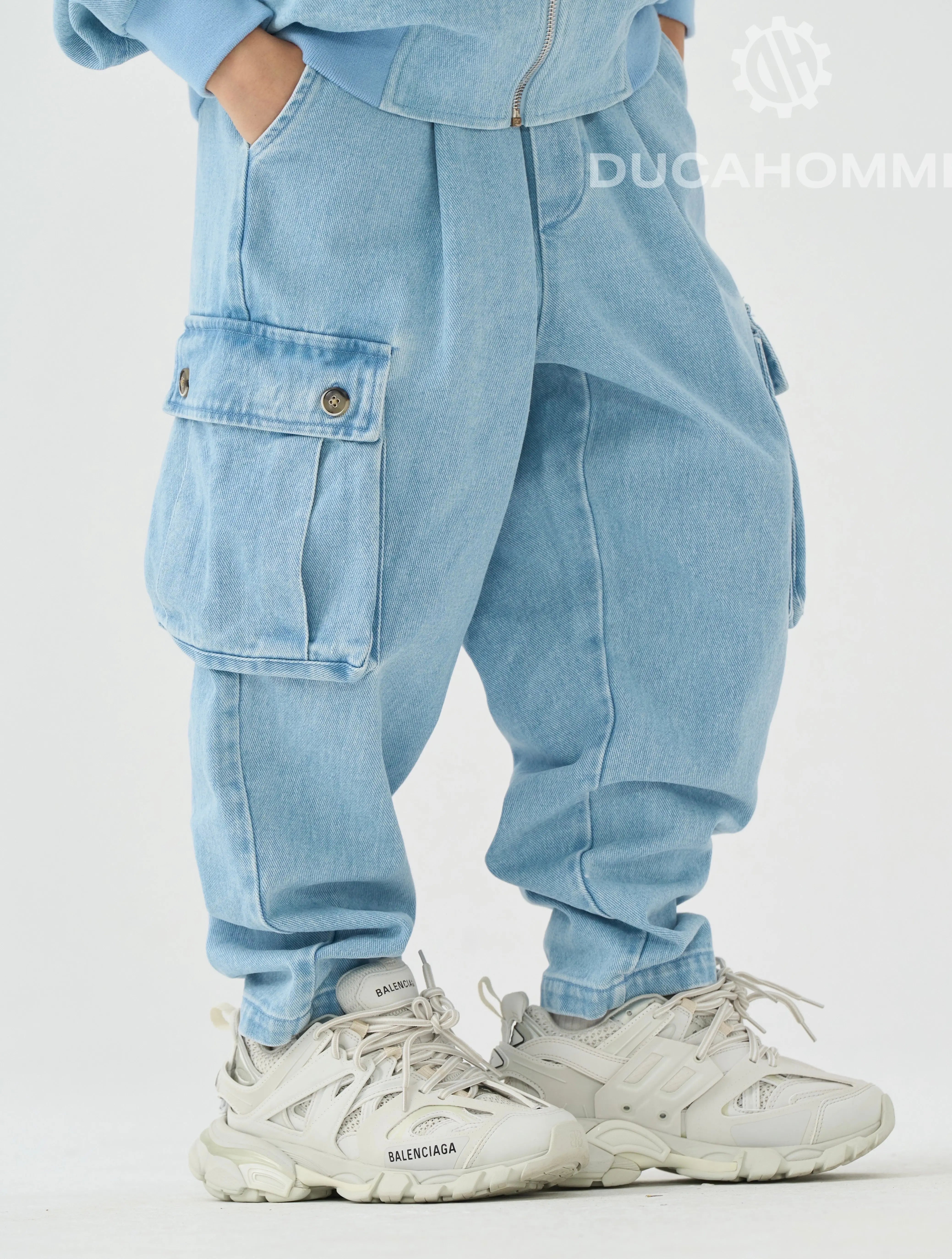 jeans cargo celeste tasche largo duca homme