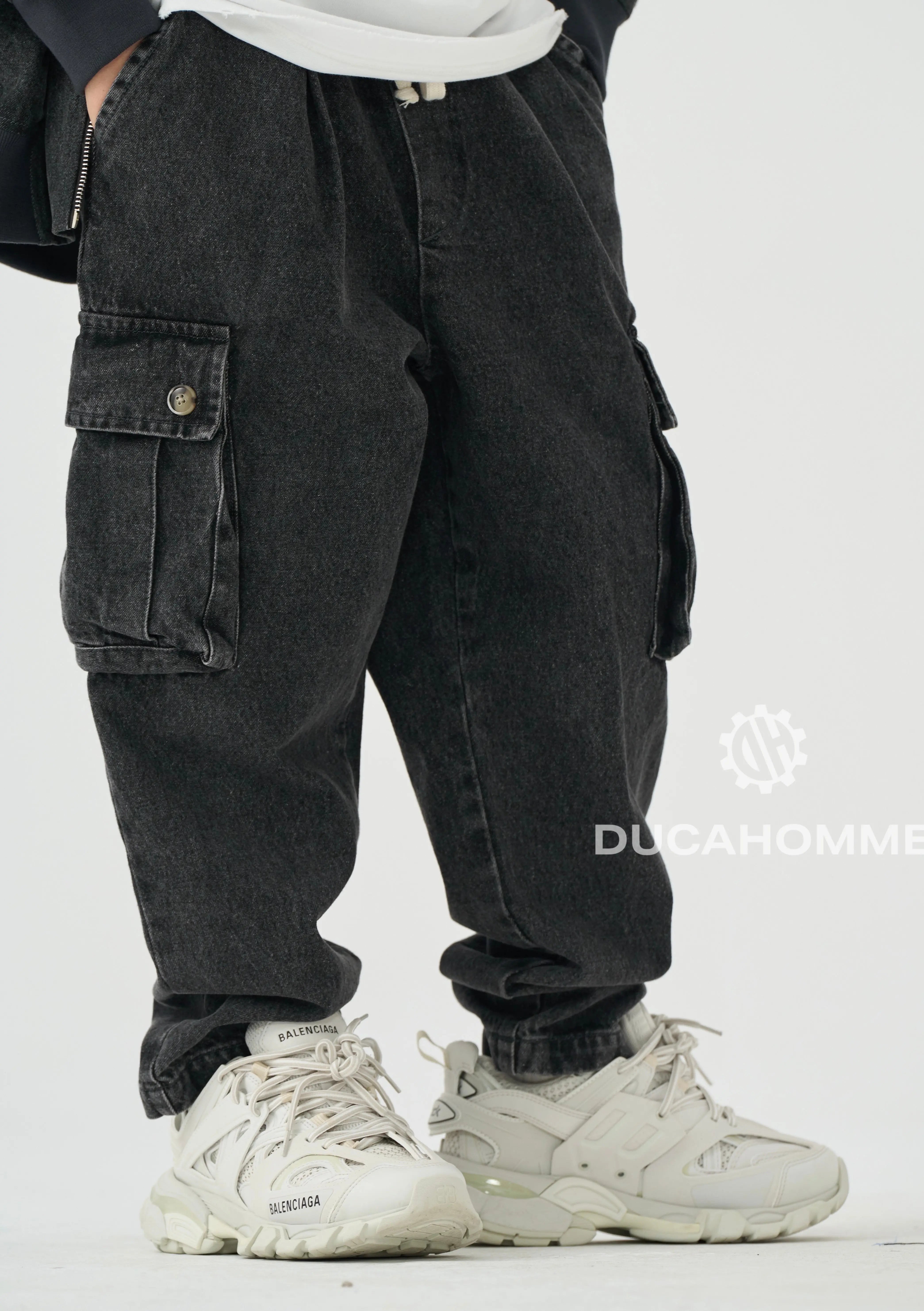 jeans cargo nero tasche largo duca homme