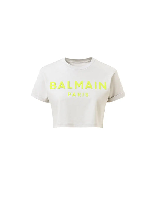 T Shirt Balmain | Logo Fluo | Modello Crop | Bianco Balmain