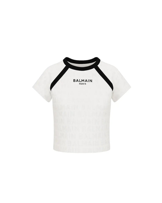 T Shirt Balmain | Logo All Over | Modello Crop | Bianco Balmain