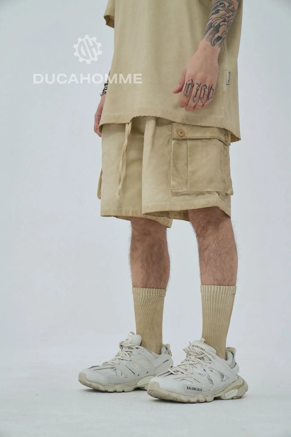 bermuda pantalone estivo cotone effetto lavato beige lacci tasche laterali duca homme uomo