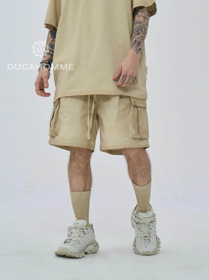 bermuda pantalone estivo cotone effetto lavato beige lacci tasche laterali duca homme uomo