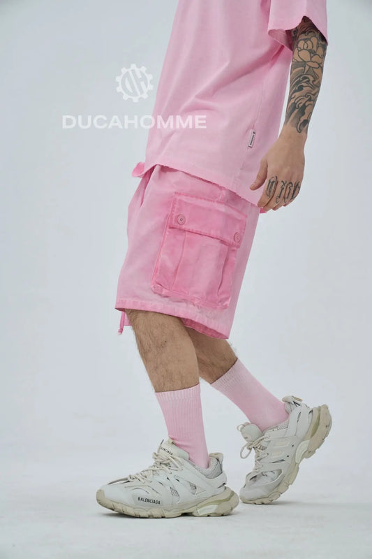 bermuda pantalone estivo cotone effetto lavato rosa lacci tasche laterali duca homme uomo
