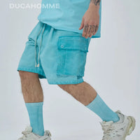 bermuda pantalone estivo cotone effetto lavato celeste lacci tasche laterali duca homme uomo