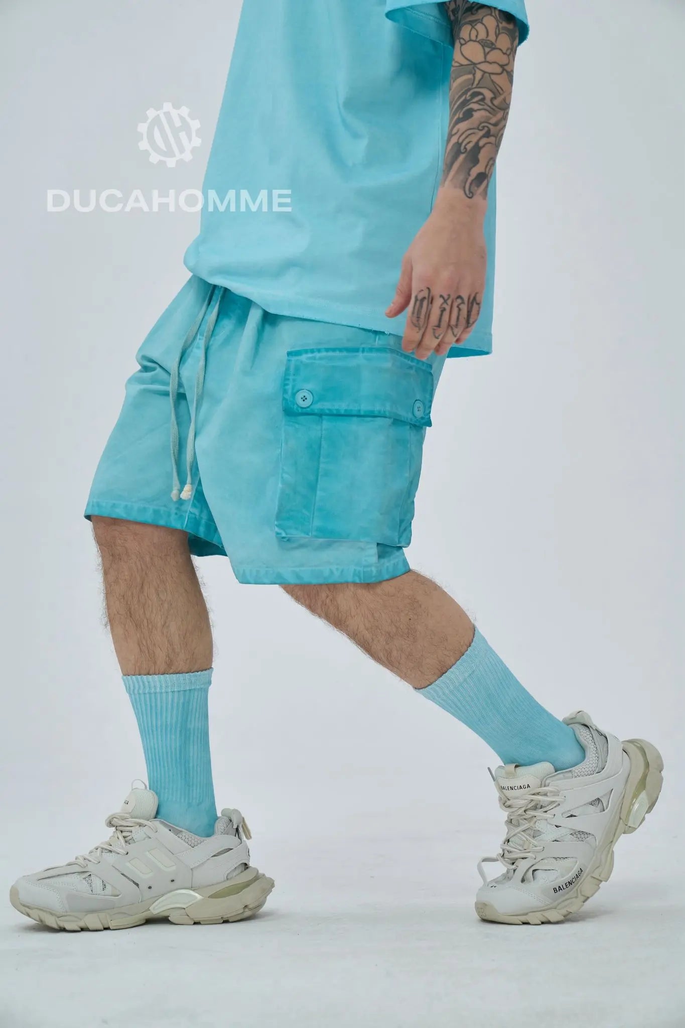 bermuda pantalone estivo cotone effetto lavato celeste lacci tasche laterali duca homme uomo