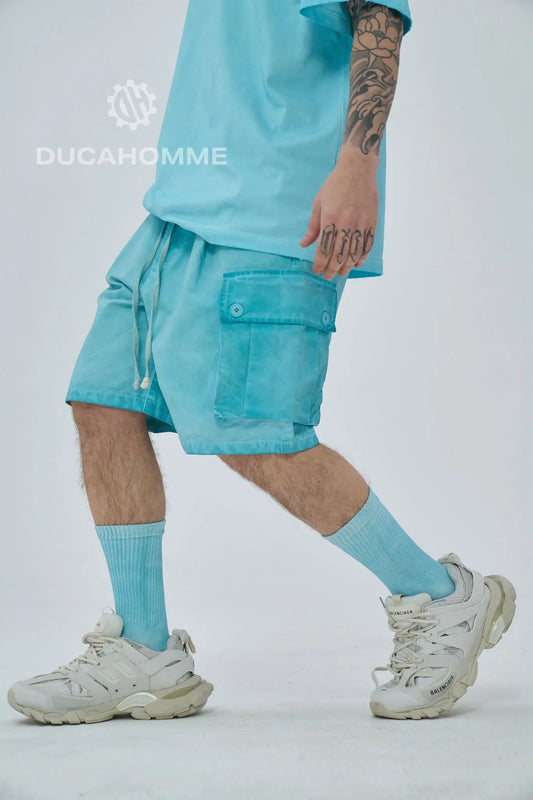 bermuda pantalone estivo cotone effetto lavato celeste lacci tasche laterali duca homme uomo