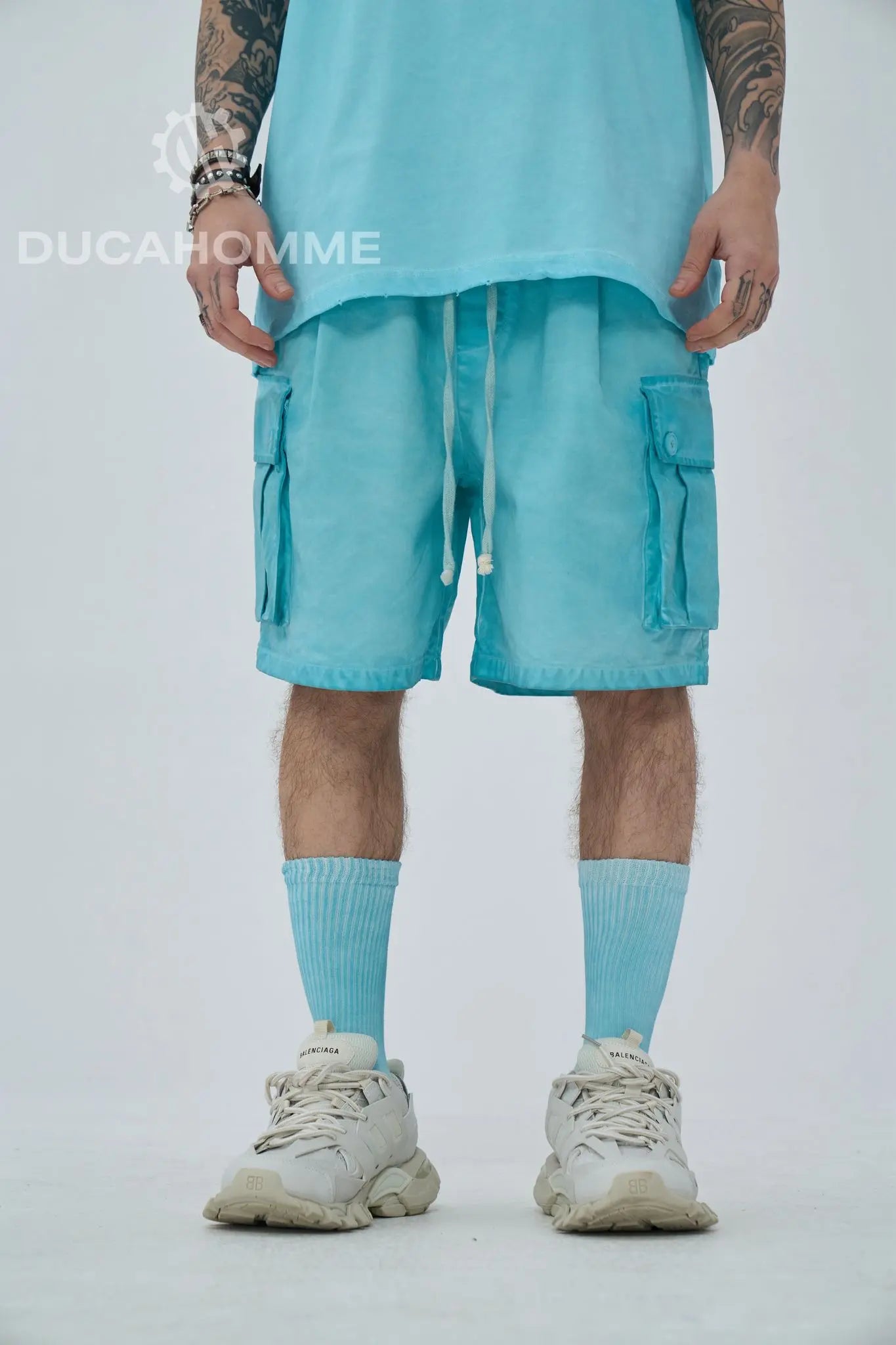 bermuda pantalone estivo cotone effetto lavato celeste lacci tasche laterali duca homme uomo 1