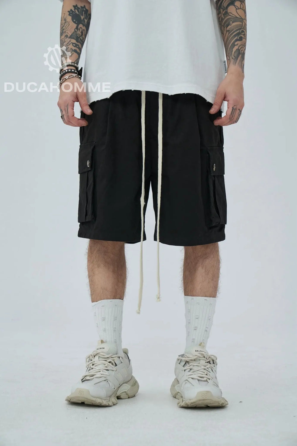 bermuda pantalone estivo cotone effetto lavato nero lacci tasche laterali duca homme uomo