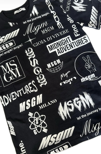 T Shirt Msgm | Modello Unisex | Girocollo con Logo All Over | Nero | Outlet
