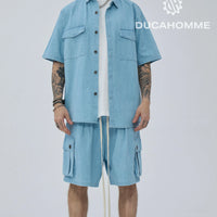 Completo Jeans Duca Homme Uomo | Coordinato Camicia e Pantaloncini | Blu Chiaro Duca Homme