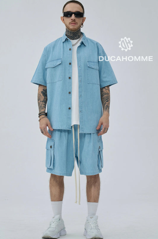 Completo Jeans Duca Homme Uomo | Coordinato Camicia e Pantaloncini | Blu Chiaro