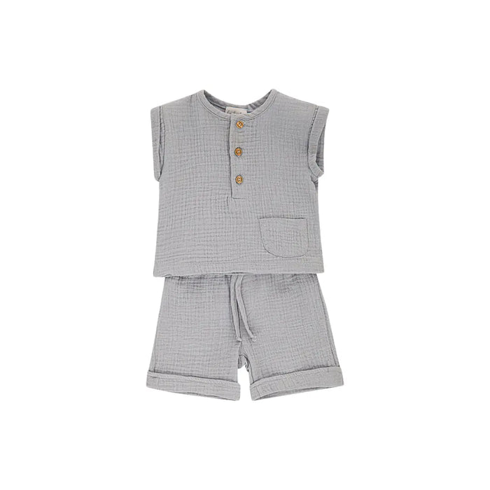 COMPLETO IN GARZA ECO CON MAGLIETTA E PANTALONCINI CON COULISEE DA NEONATO LALALU' (8945833476436) (9669967053127)