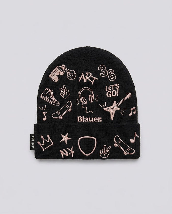 Beanie Blauer Kids Nero con Stampa da bambina – fronte