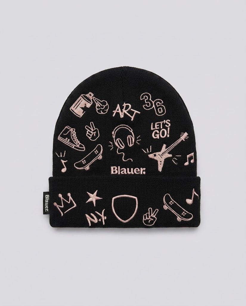 Beanie Blauer Kids Nero con Stampa da bambina – fronte