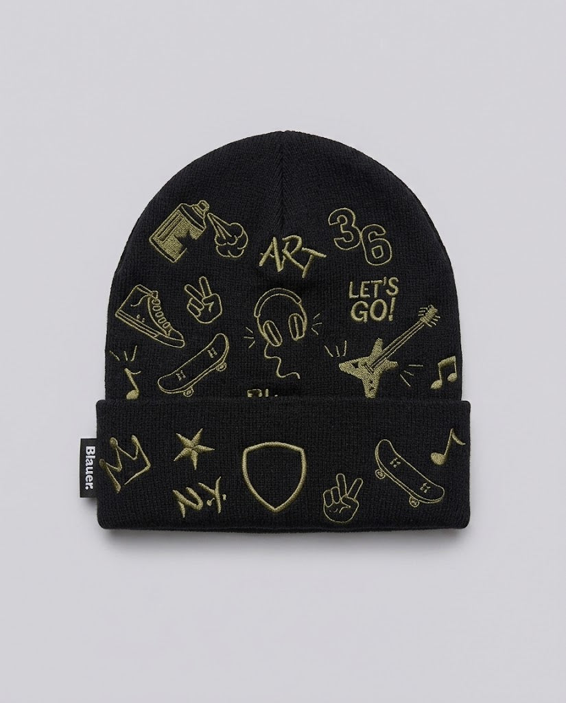 Beanie Blauer Kids Nero con Stampa da bambina – fronte