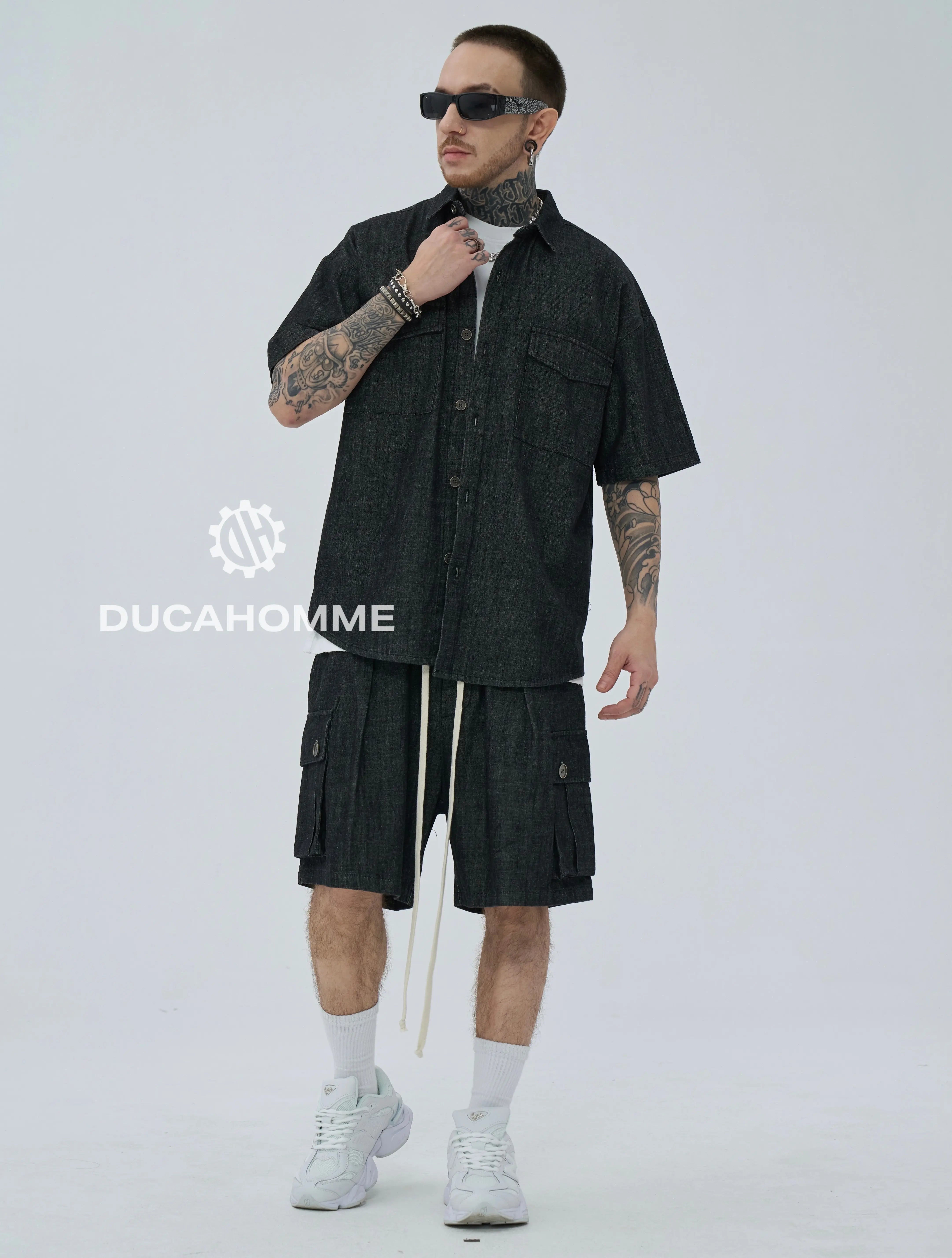 Completo Jeans Duca Homme Uomo | Coordinato Camicia e Pantaloncini | Nero Duca Homme