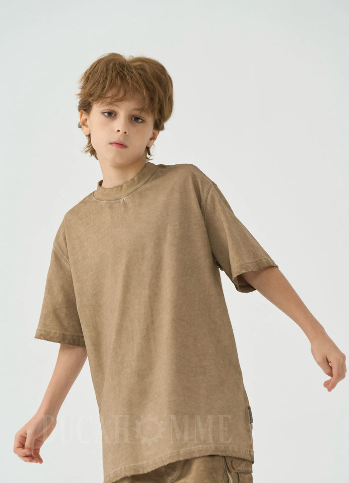 t-shirt cotone effetto lavato beige oversize duca homme junior da 8 a 16 anni