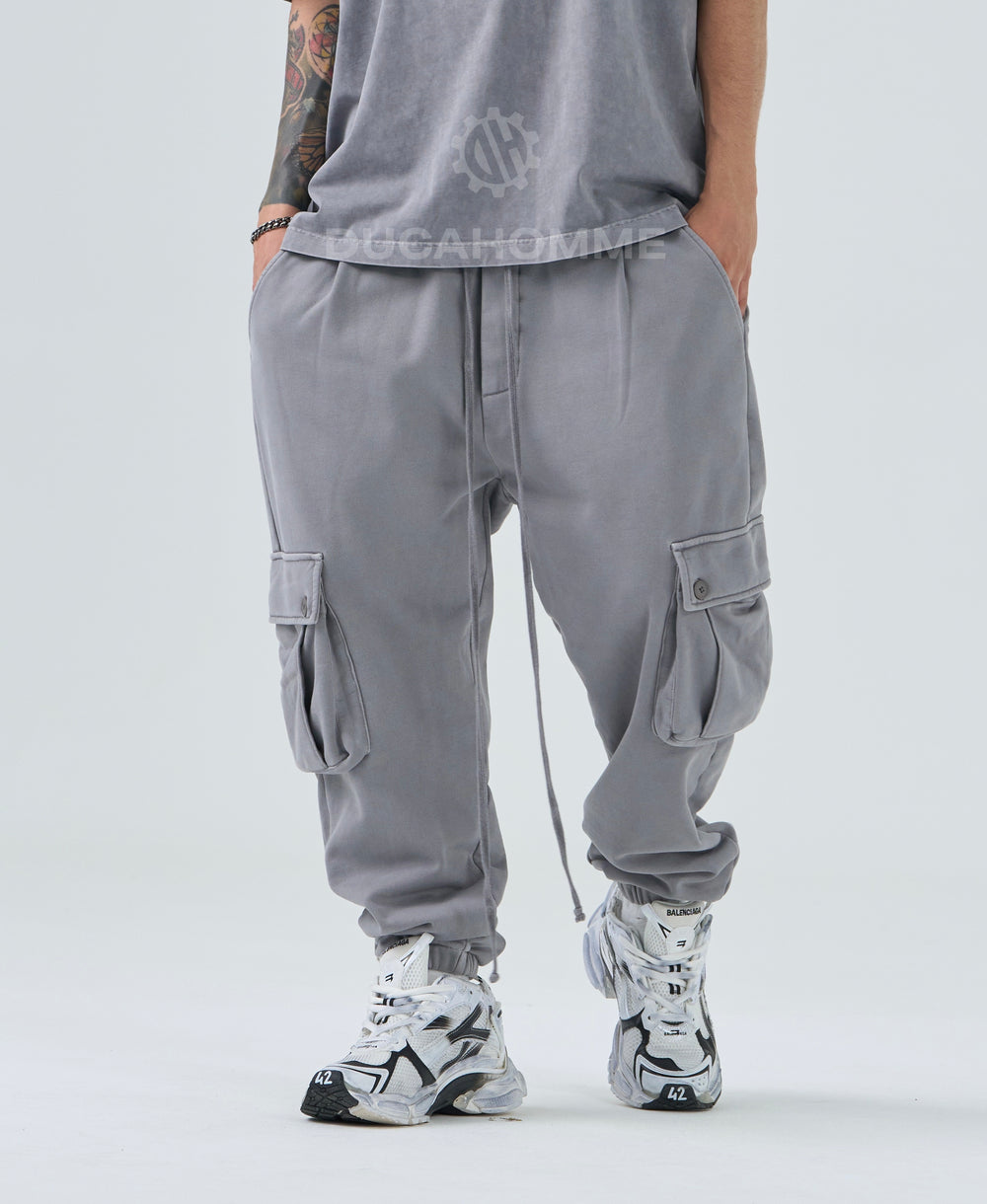 Pantaloni Cargo Uomo Duca Homme Effetto Slavato Grigio Chiaro