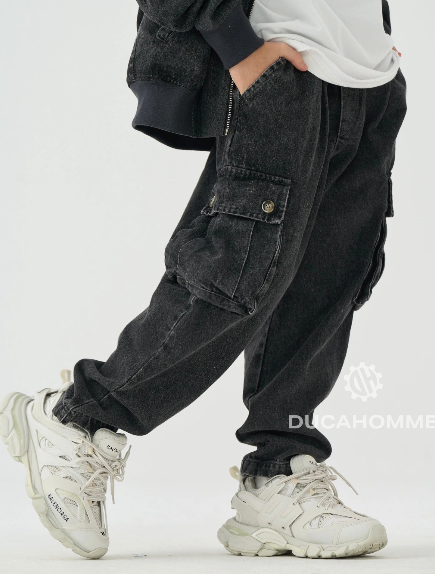 jeans cargo nero tasche largo duca homme 1