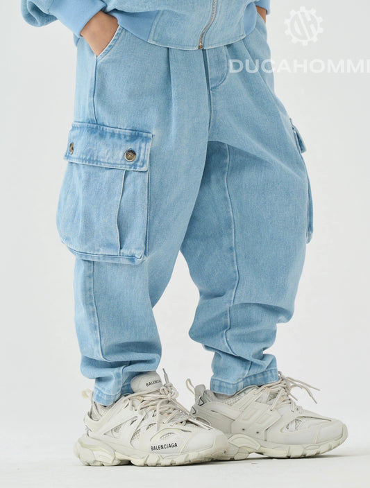 jeans cargo celeste tasche largo duca homme