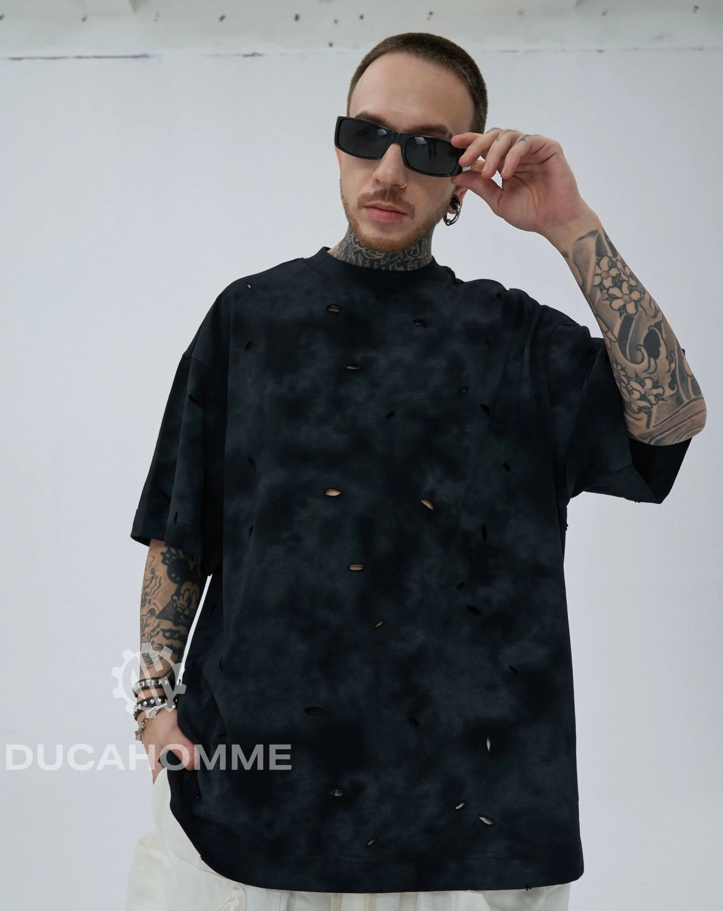 maglietta duca homme uomo effetto slavato strappata