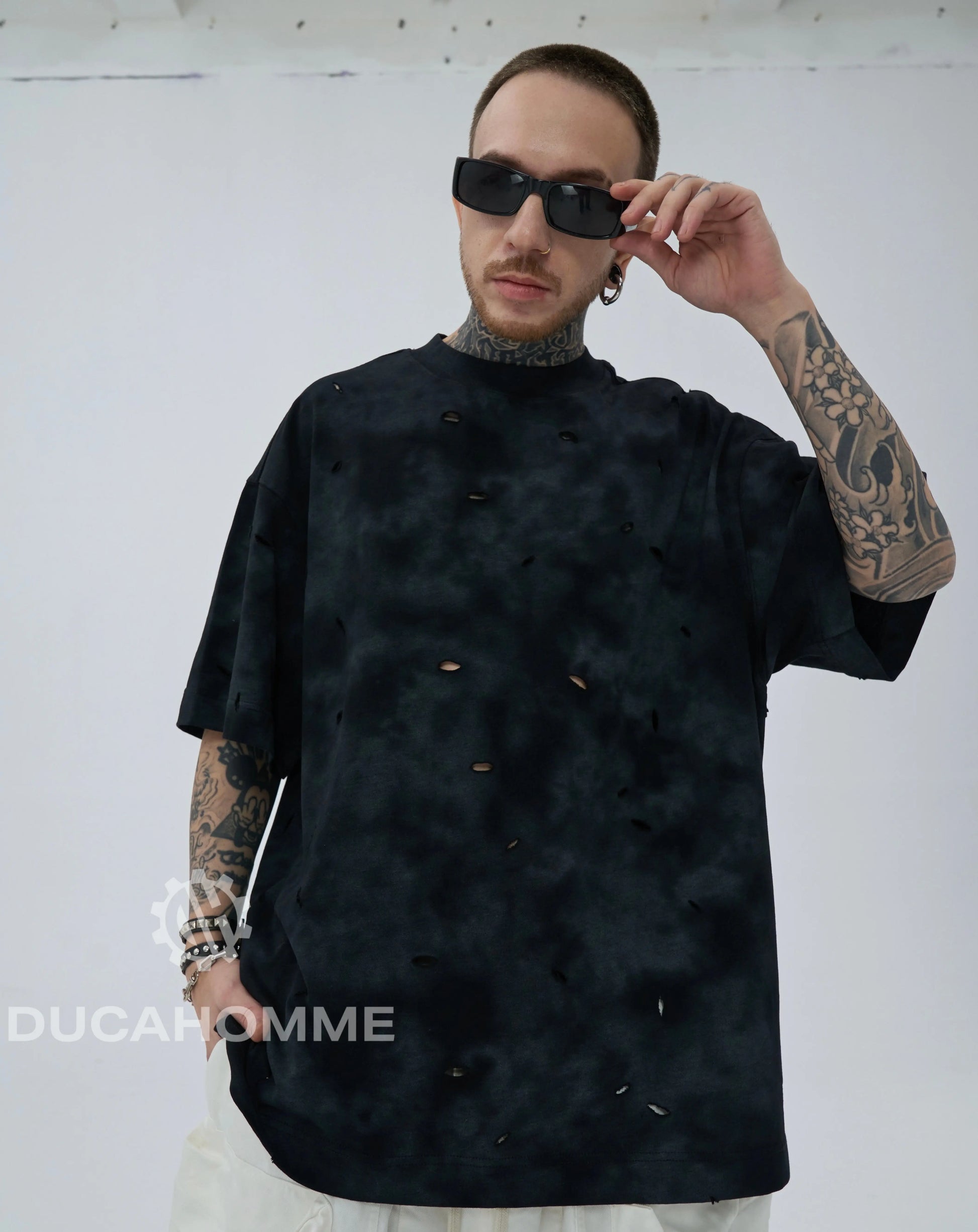 maglietta duca homme uomo effetto slavato strappata