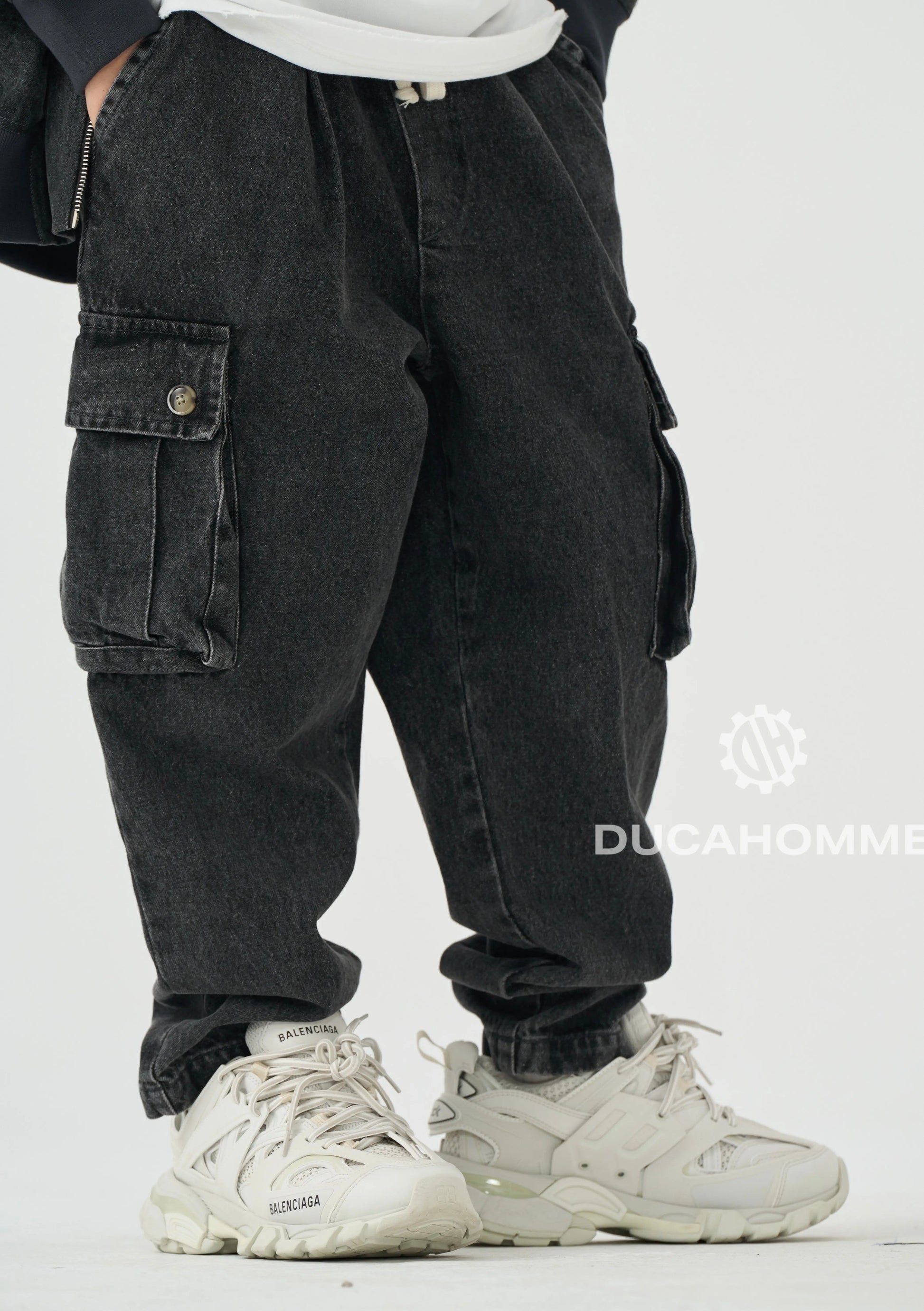 jeans cargo nero tasche largo duca homme