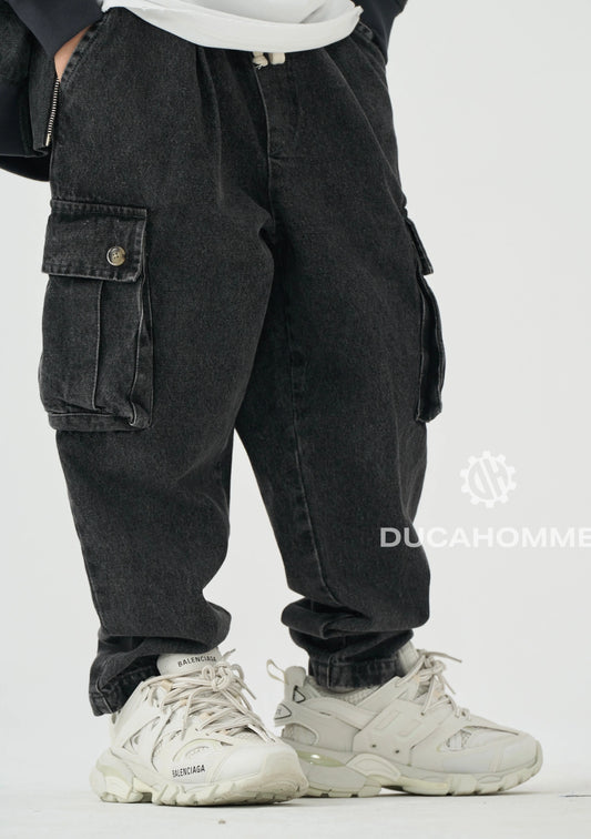 jeans cargo nero tasche largo duca homme