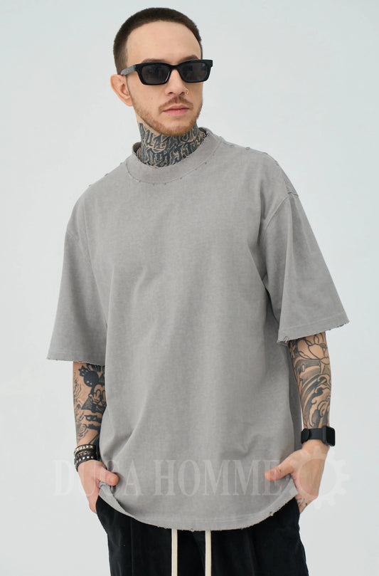 t-shirt cotone oversize grigio chiaro con rotture e strappi duca homme uomo