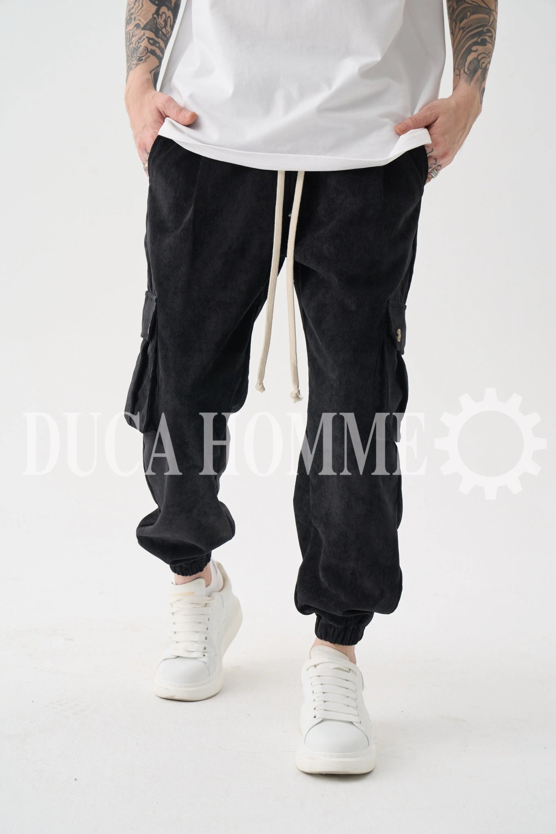 pantalone righe lacci tasche laterali nero duca homme uomo 1