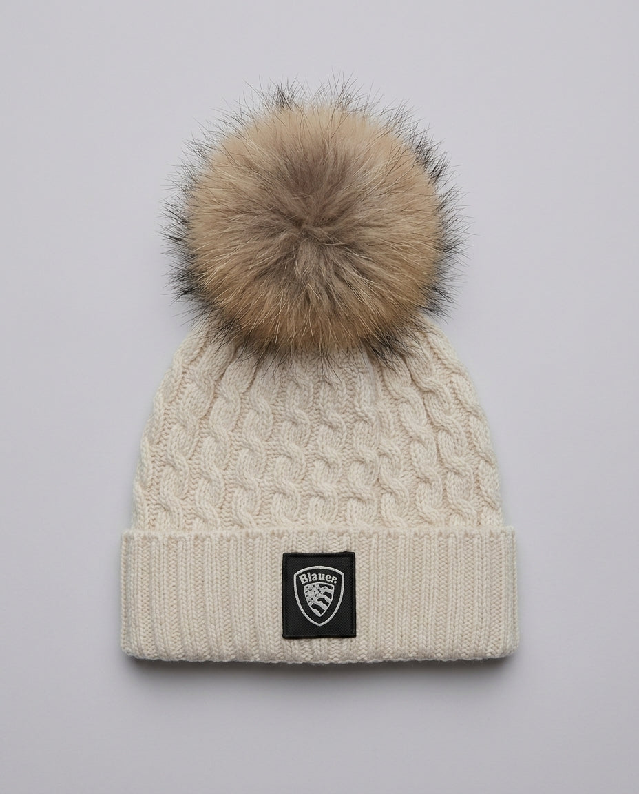 Beanie Blauer Kids Panna con Pompon da bambina – fronte