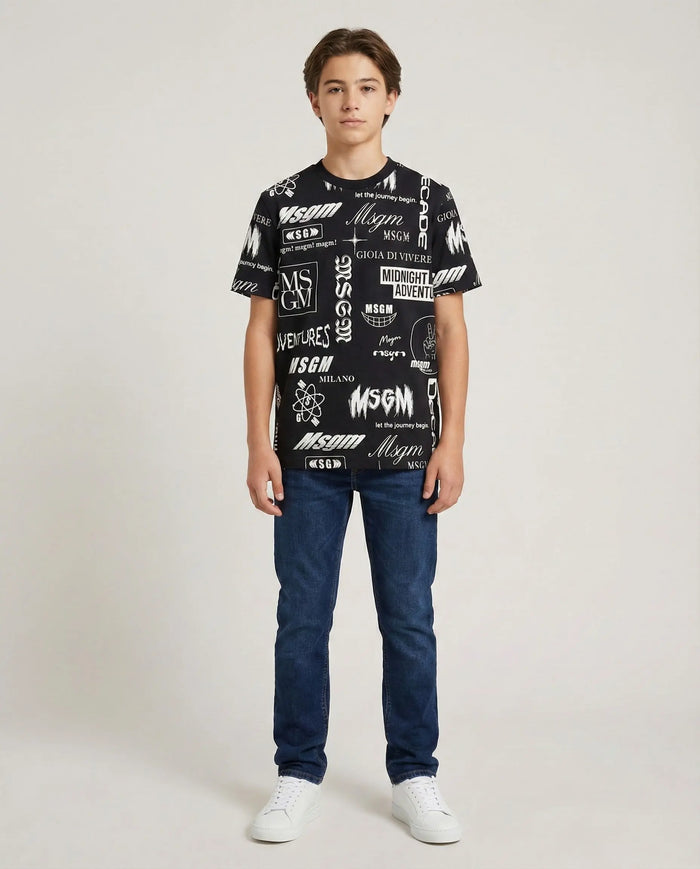 T Shirt Msgm | Modello Unisex | Girocollo con Logo All Over | Nero | Outlet MSGM