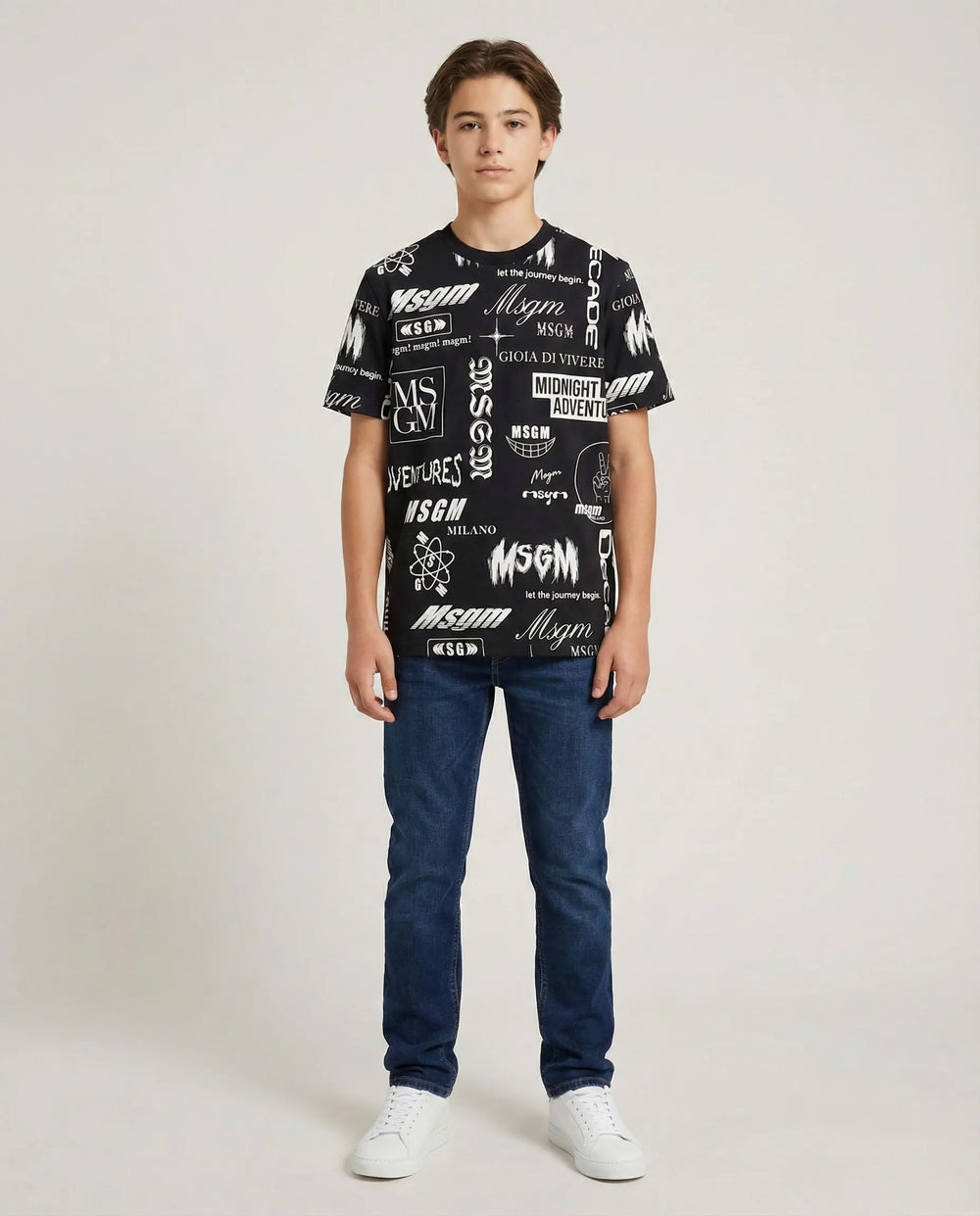 T Shirt Msgm | Modello Unisex | Girocollo con Logo All Over | Nero | Outlet MSGM