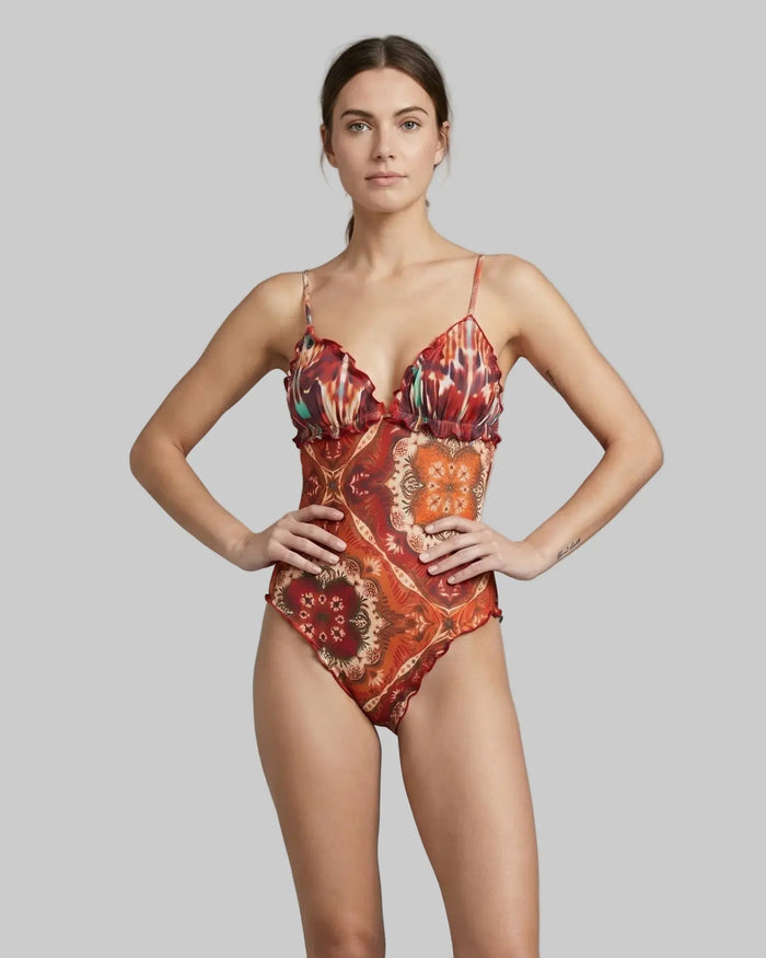 Elegante costume effek da bagno intero etnico rosso e arancione, scopri lo sconto speciale nel reparto outlet.