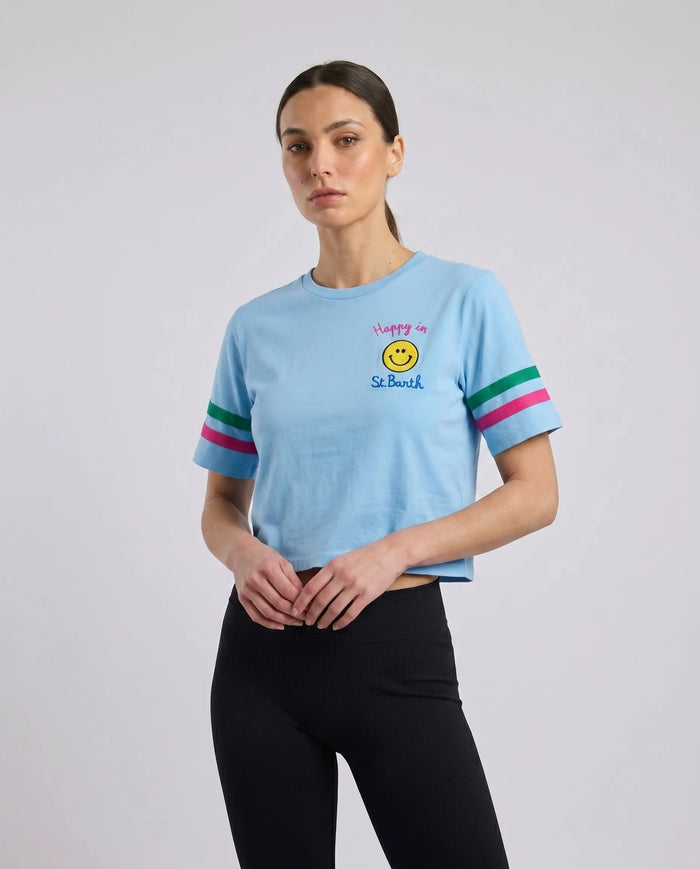 t shirt mc2 saint barth donna crop azzurra con smiley prezzo outlet