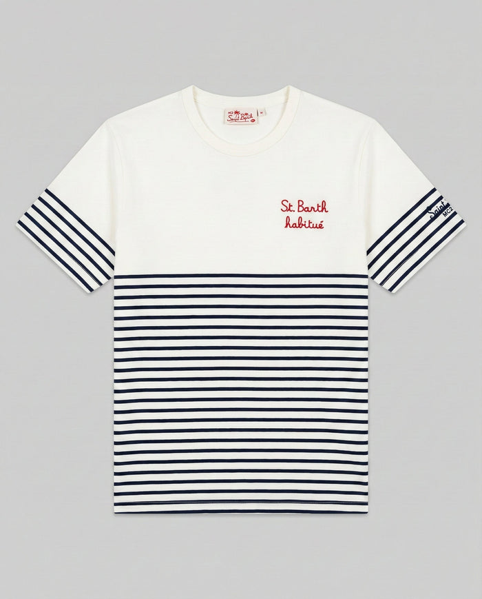 T Shirt Uomo Bianca A Righe Con Ricamo St. Tropez Habitué | Mc2 Saint Barth Mc2 Saint Barth