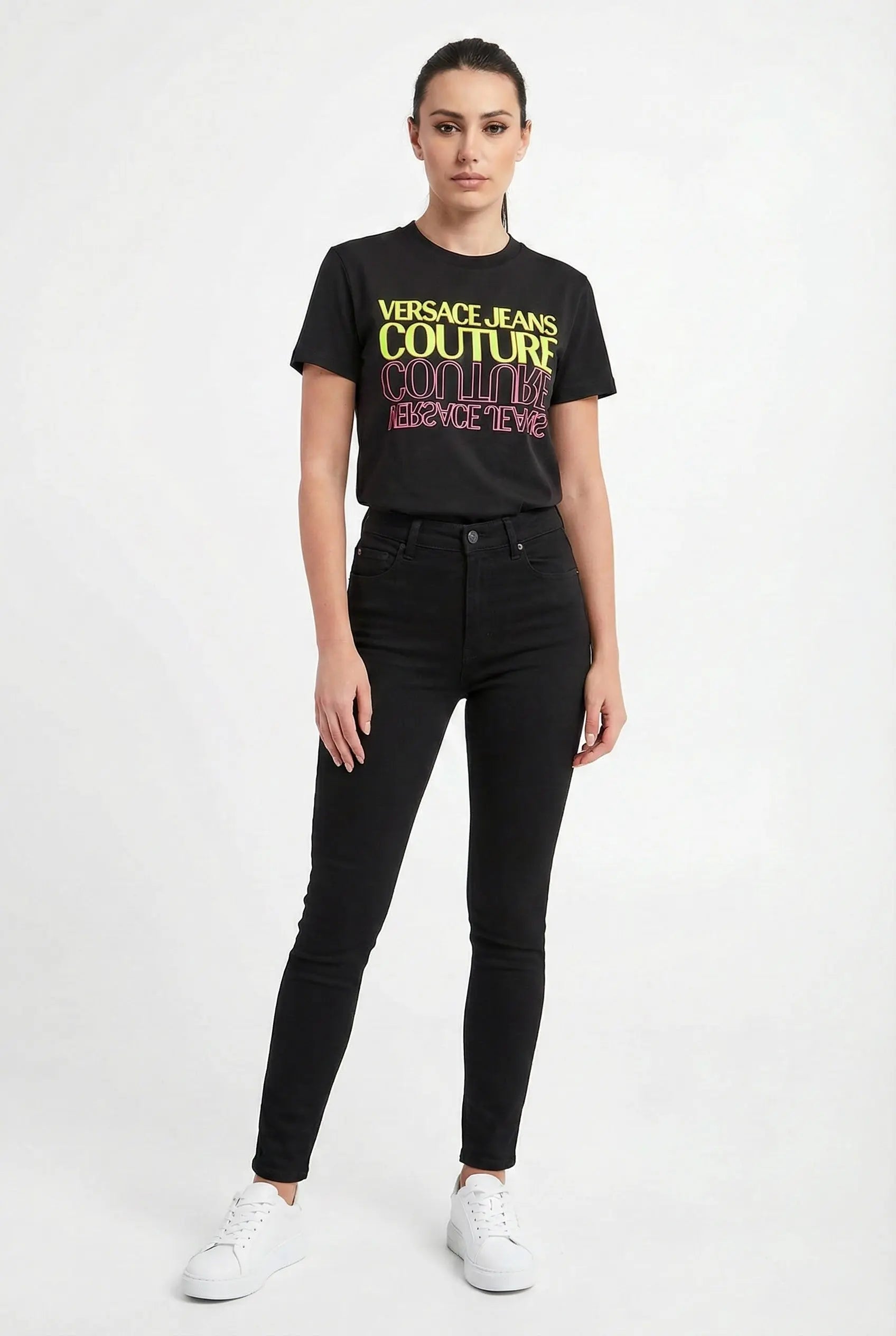 T Shirt Versace Jeans Couture Donna | Logo Fluo | Nero Versace Jeans