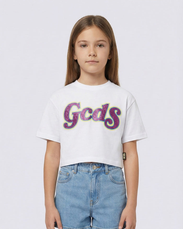 T Shirt Crop GCDS Kids Bianca con Logo Glitter GCDS