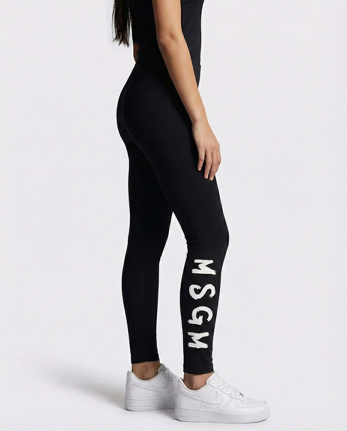 Leggings Msgm Donna | Nylon | Logo Bianco | Nero | Outlet MSGM