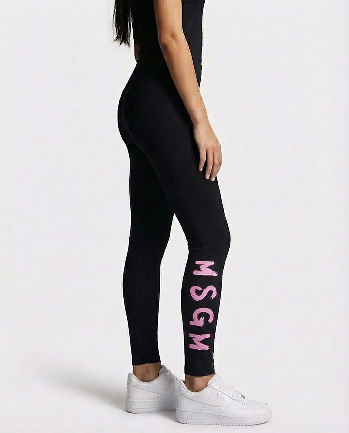 Leggings Msgm Donna | Nylon | Logo Rosa | Nero | Outlet MSGM