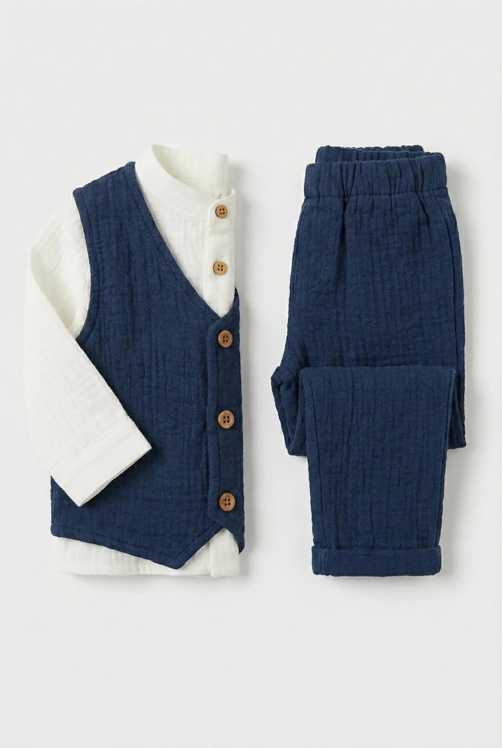 COMPLETO IN GARZA ECO CON CAMICIA E PANTALONI DA NEONATO LALALU'