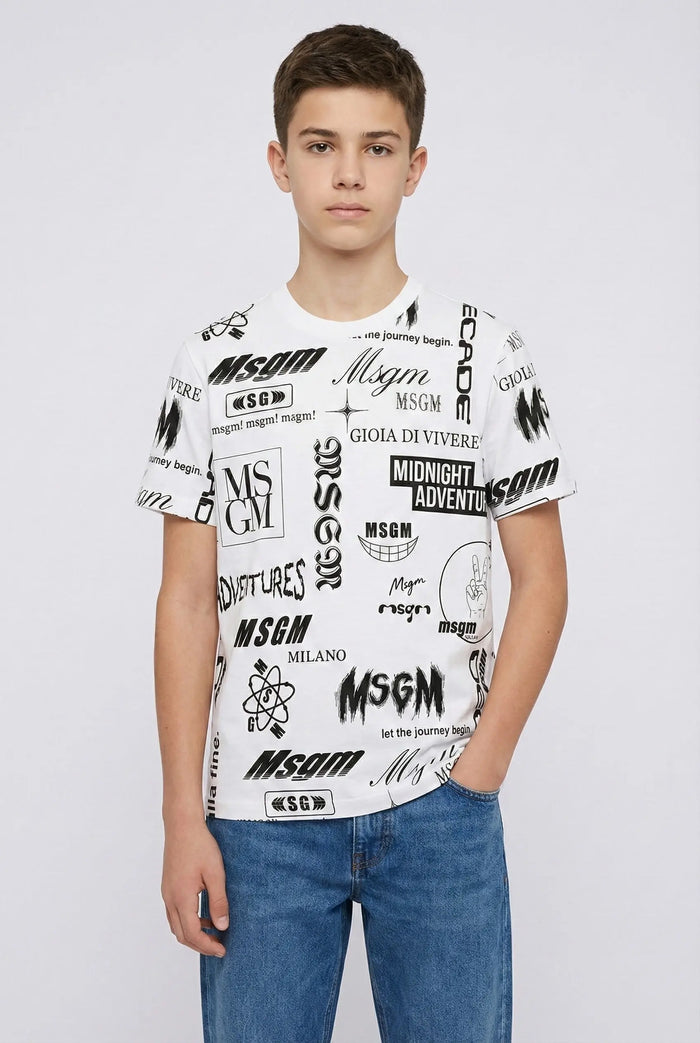 T Shirt Msgm | Modello Unisex | Girocollo con Logo All Over | Bianco | Outlet MSGM