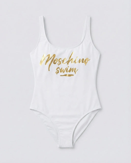 Costume Moschino Donna | Modello Intero con Logo Oro | Bianco Moschino