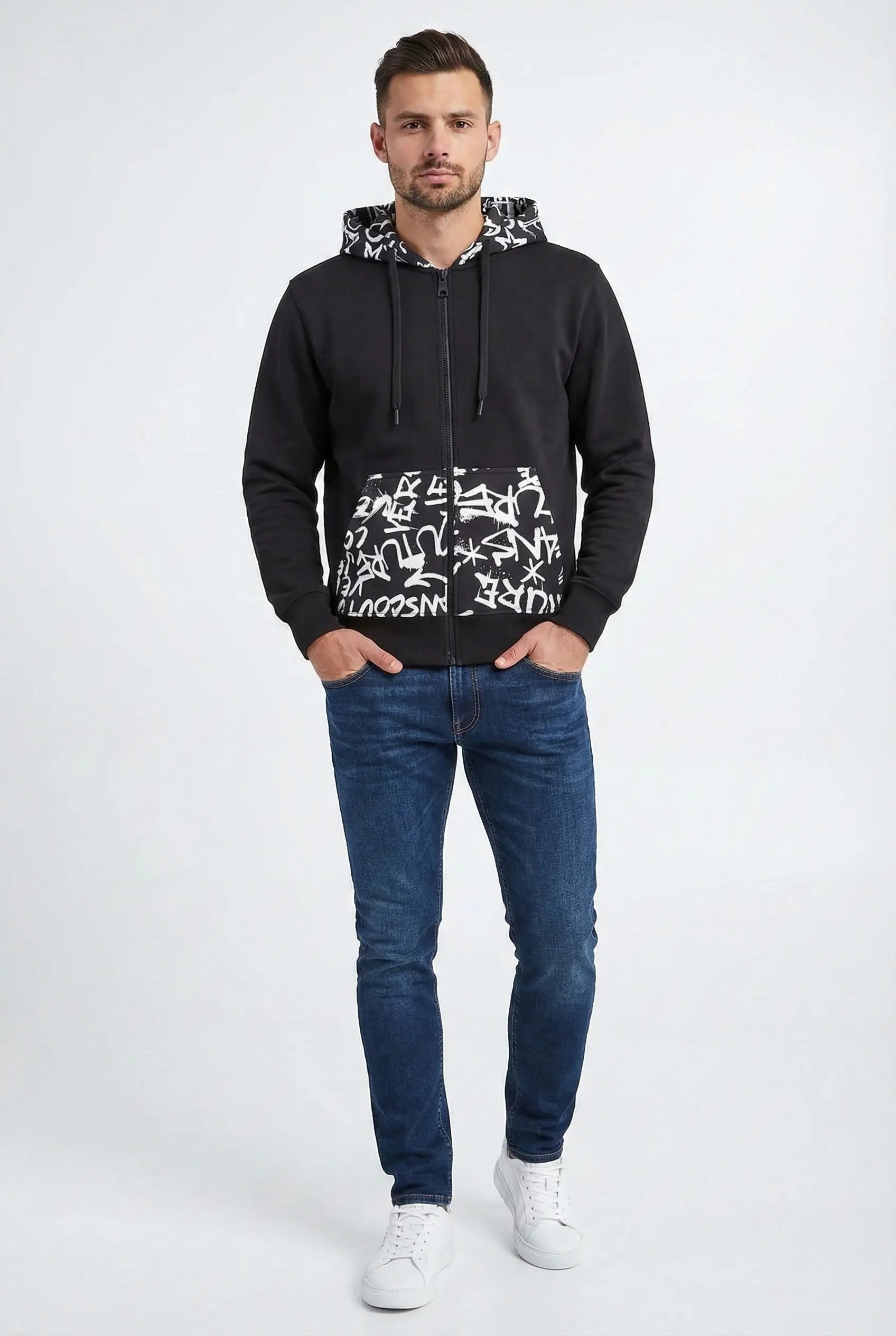 Felpa Versace Jeans Couture Uomo |  Zip e Cappuccio | Nero Versace Jeans