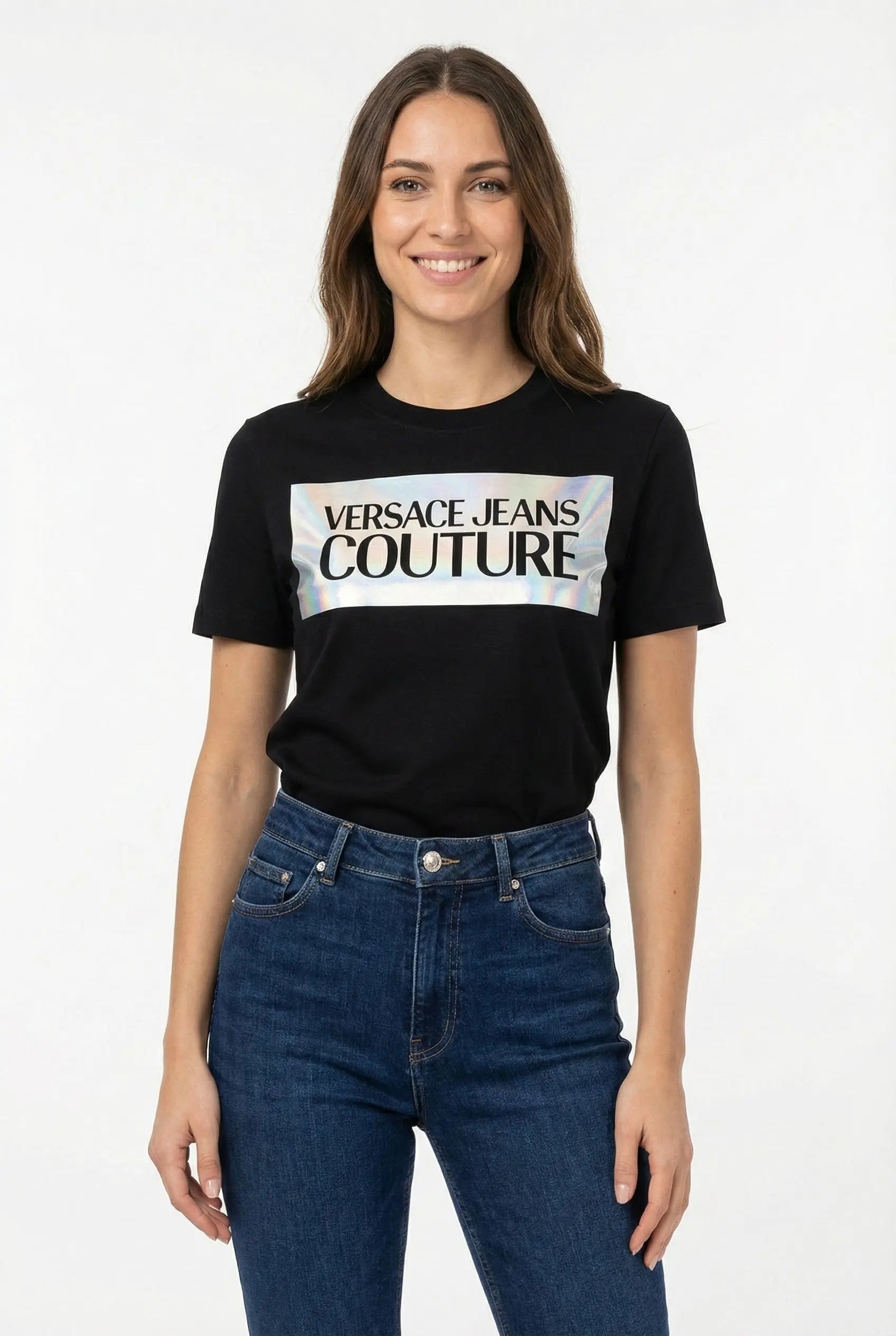 T Shirt Versace Jeans Couture Donna | Logo Glitter | Nero Versace Jeans