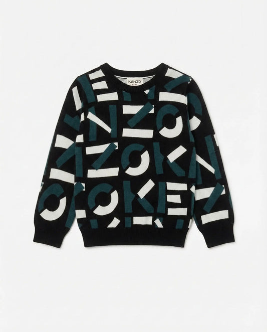 Kenzo Bambino | Maglia in Lana con Logo All Over | Nero | Outlet Kenzo