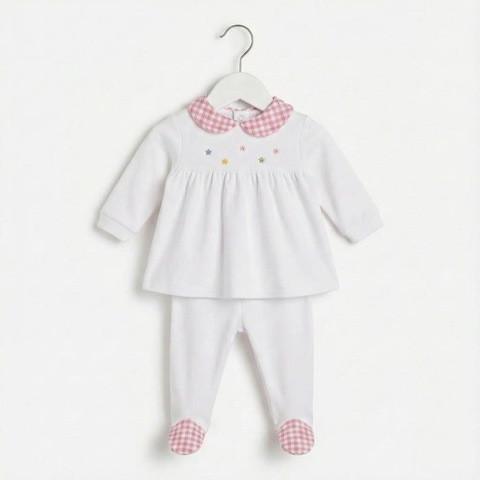 COMPLETINO IN JERSEY BIELASTICO CON DETTAGLI VICHY DA NEONATA LALALU' Lalalu